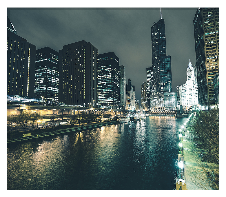Chicago river and skyline at night